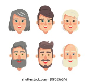 Grandparents faces collection, heads types of women and men bearded grandfathers smiling grandmothers vector illustration isolated on white background