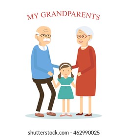 Grandparents family with grandchild. An elderly couple hugging her granddaughter. Old man and woman with little girl. Vector illustration flat design