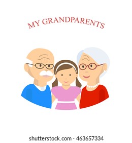 Grandparents family with grandchild. An elderly couple hugging her granddaughter. Old man and woman with little girl. Vector illustration flat design