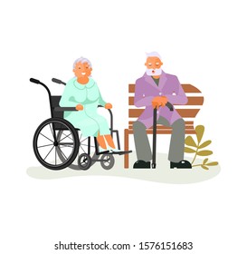 Grandparents family Seniors enjoy a conversation on a park bench. Healthy active lifestyle retiree for grandparents. Elderly people characters isolated on white background