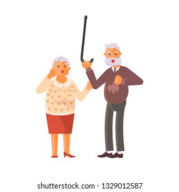 Grandparents family Seniors screaming in horror and grab for heart and defend with stick. Flat Art Vector illustration