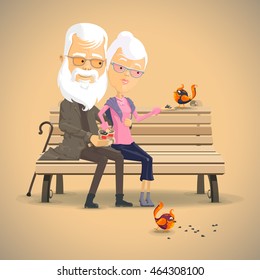 Grandparents feed the birds on the bench , Vector illustration in flat, cartoon style isolated from the background
