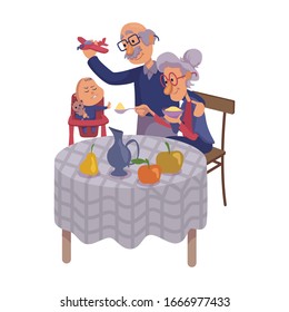 Grandparents Feeding Baby Flat Cartoon Vector Illustration. Kid Refuse To Eat. Grandpa And Grandma. Ready To Use 2d Character Template For Commercial, Animation, Printing Design. Isolated Comic Hero