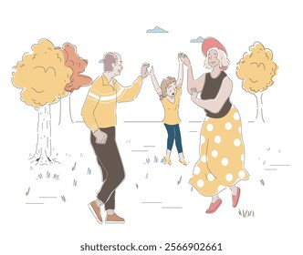 Grandparents with girl. Grandfather and grandmother playing with granddaughter. Fall and autumn season. Family walking in city park. Good relationship. Linear vector illustration