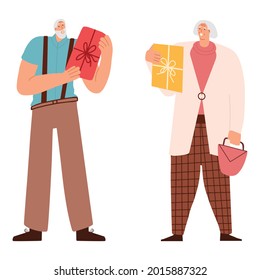 Grandparents give each other anniversary gifts. Happy elderly couple. Grandfather makes surprise to grandmother. Hand-drawn illustration.