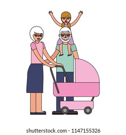 grandparents with graddaughter and baby pram