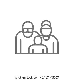 Grandparents with grandchild, couple of pensioners, seniors line icon.