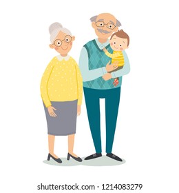 Grandparents with grandchild. Grandmother, grandfather and baby grandchild. Grandparents day greeting card concept. Cartoon vector hand drawn illustration isolated on white background in a flat style.