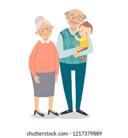 Grandparents with grandchild. Grandmother, grandfather and baby grandchild. Grandparents day greeting card concept. Cartoon vector hand drawn illustration isolated on white background in a flat style