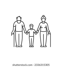 Grandparents with grandchild, old man and old woman with boy holding hands. Family, linear illustration. Line with editable stroke