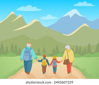 Grandparents and grandchildren with backpacks traveling among the mountains landscape. Back view. Vector isolated color illustration.	