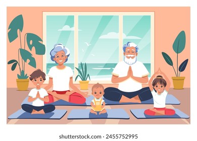 Grandparents and grandchildren doing yoga in lotus position at home. Family yoga fitness concept. svg