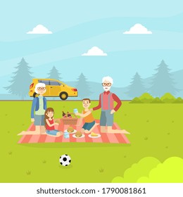 Grandparents and Grandchildren Eating and Relaxing on Nature, Happy Family Having Picnic Outdoors Vector Illustration