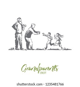 Grandparents, grandchildren, family, generation concept. Hand drawn happy big family with grandmother and grandfather concept sketch. Isolated vector illustration.