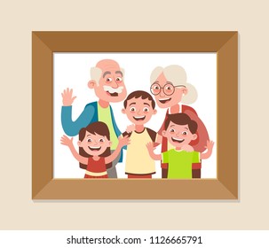 Grandparents And Grandchildren Framed Photo. Grandparents Day Celebration. Happy Grandparents And Children. Vector Illustration In Cartoon Style.