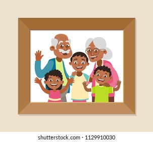 Grandparents And Grandchildren Framed Photo. Grandparents Day Celebration. Happy Grandparents And Children. Vector Illustration In Cartoon Style.