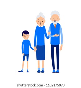 Grandparents and grandchildren. Grandma, grandpa and grandson. Grandmother holding boy hand and holds grandfather hand. Illustration of people characters isolated on white background in flat style.

