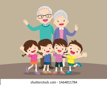 grandparents and grandchildren. Group of people standing. Little boy, teenager girl,happy grandparents with kids  hand up