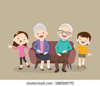 grandparents and grandchildren. Group of people standing. Little boy, teenager girl,happy grandparents with kids hand up