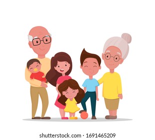 Grandparents and grandchildren. Happy grandfather and grandmother with their grandson and granddaughters stay at home isolated on white background. Vector flat illustration