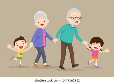 Grandparents and grandchildren. Happy grandparents with their grandchildren taking a walk.grandparents with kids are walker.