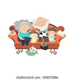 Grandparents and grandchildren. Happy grandparents with their grandchildren. Vector illustartion