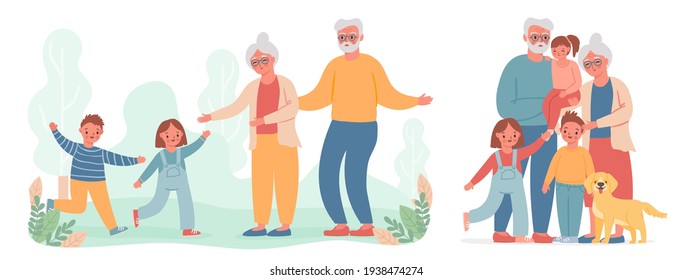 Grandparents and grandchildren. Kid run to visit old grandma and grandpa. Happy grandmother, grandfather and children family vector portrait