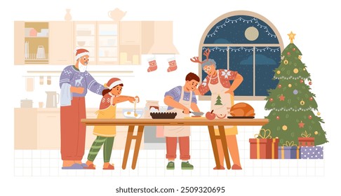 Grandparents with grandchildren making Christmas dinner in the kitchen flat vector illustration. Family preparing for Christmas celebration.