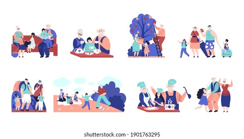 Grandparents and grandchildren. Old people, elderly characters with relatives. Family visit, cartoon grandmother decent kids vector scenes