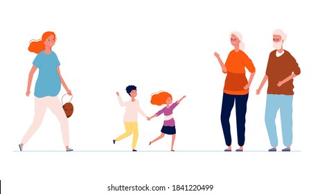 Grandparents and grandchildren. Old people meeting boy and girl and their mom. Pregnant woman with kids and her parents. Maternity or parenthood vector illustration