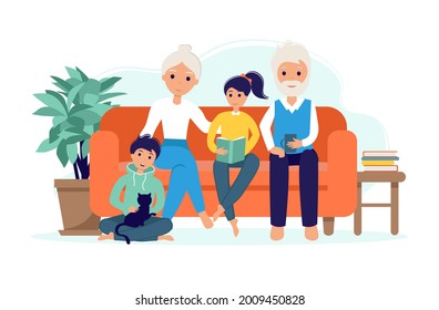 Grandparents with grandchildren on the couch. An elderly woman and a man with children and a cat spend time together. A happy family. Vector illustration in flat style