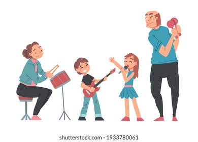 Grandparents and Grandchildren Playing Musical Instruments and Singing, Grandparents Spending Good Time with Grandchildren Cartoon Style Vector Illustration