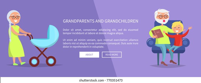 Grandparents and grandchildren poster with grandma carrying boy in pram and grandpa reading book to grandson vector web banner
