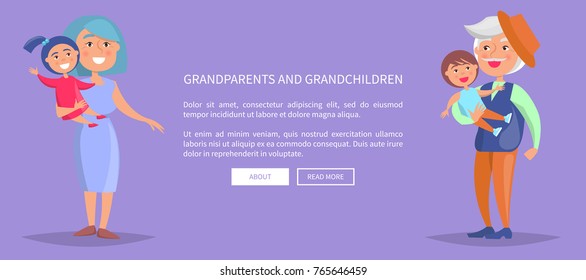 Grandparents and grandchildren poster with grandmother holding girl on hands and grandfather with little girl vector illustrations