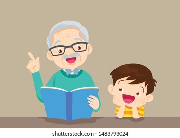 grandparents with grandchildren reading,The grandfather reading book for the grandchildren on the table to enjoy.Grandfather And Boy Reading A Book