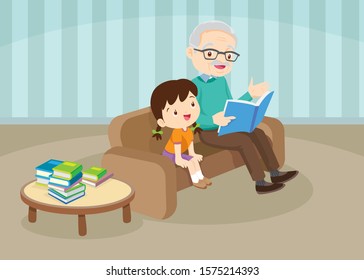 grandparents with grandchildren reading,The grandchildren read books for the grandfather to sit on the sofa to enjoy.Grandfather And girl Reading A Book