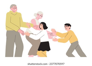 Grandparents and grandchildren relations. Kids run to visit old grandma and grandpa. Happy smiling grandmother, grandfather and children family portrait. Scene of family welcome hug.