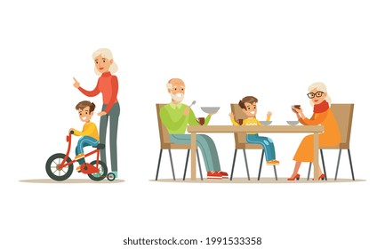 Grandparents And Grandchildren Set, Grandpa And Grandma Walking And Eating With Their Grandkids Cartoon Vector Illustration