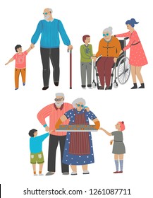 Grandparents with grandchildren set. Isolated on white background. Vector illustration