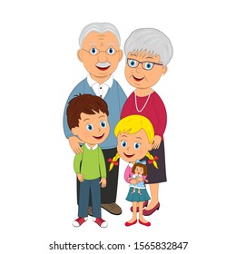 grandparents and grandchildren stand together on the white background 