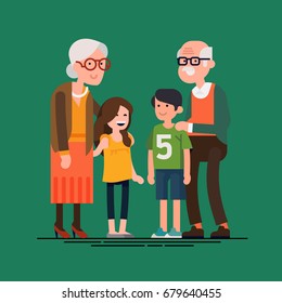 Grandparents with grandchildren vector flat design illustration. Relatives standing together. Grandmother, grandfather and siblings. Happy family characters