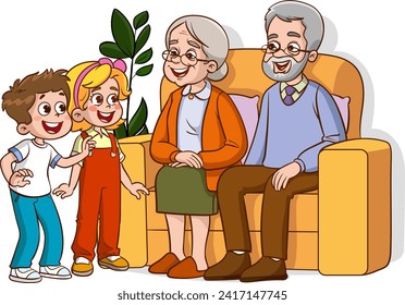 Grandparents with grandchildren. Vector illustration of a cartoon family sitting in a sofa.