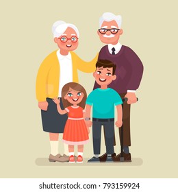 Grandparents with grandchildren. Vector illustration in cartoon style