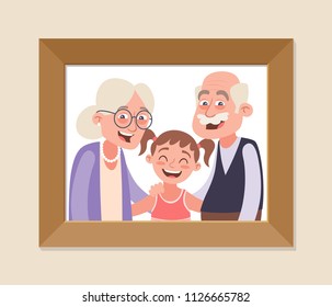 Grandparents And Granddaughter Framed Photo. Grandparents Day Celebration. Happy Grandparents And Girl. Vector Illustration In Cartoon Style.