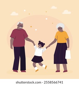 Grandparents and granddaughter walk holding hands. Elderly people and grandchildren spending time together. Happy grandparents with little girl taking walk in park. flat vector illustration