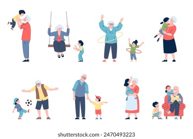 Grandparents with grandkids. Family time with book, play ball and hugging. Old people and children, elderly nanny and kid recent vector set