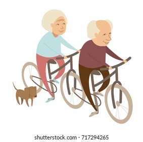 Grandparents grandmother and grandfather couple with dog riding a bicycle tandem. Flat style design vector illustration.