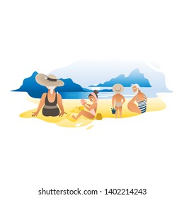 Grandparents or grandmother and grandfather spending time together with their grandchildren on the sea beach flat cartoon activity for elderly people vector illustration.