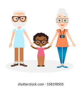 Grandparents with grandson. African american boy. Vector illustration eps 10 isolated on white background. Flat cartoon style.