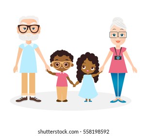 Grandparents with grandson and granddaughter. African american girl and boy. Vector illustration eps 10 isolated on white background. Flat cartoon style.